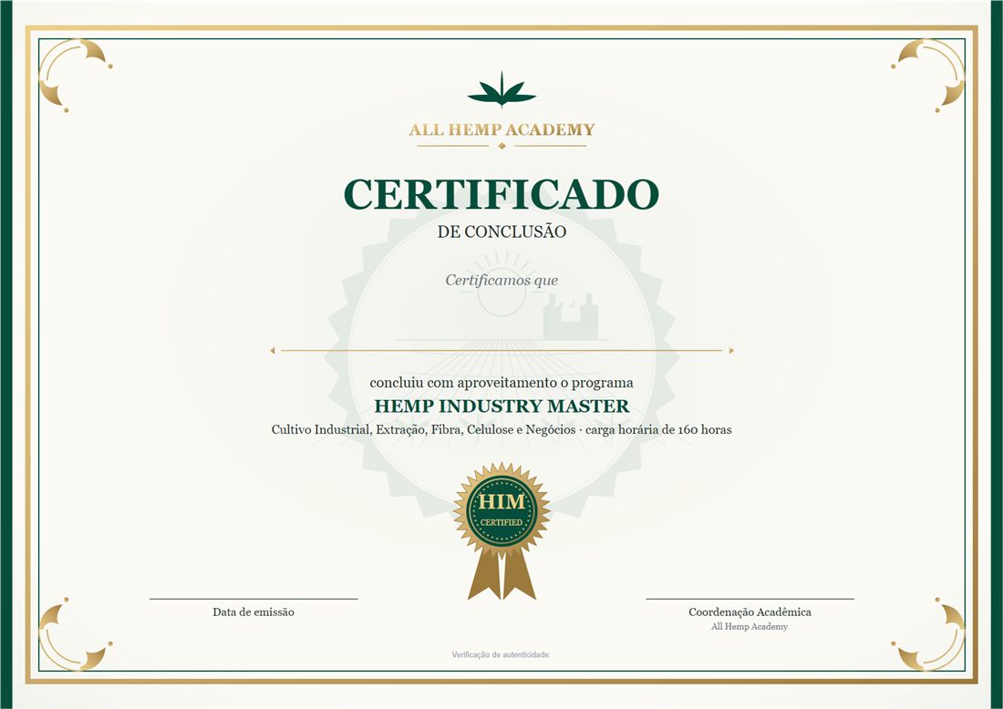 Certificado de conclusão do Hemp Industry Master — 160 horas